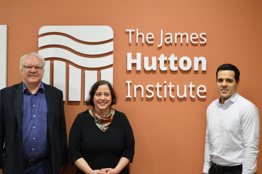 Pictures provided by the James Hutton Institute. (L to R) Jonathan Snape (Head of James Hutton Limited), Jessica Giannotti (SeaDyes Founder and CEO) and Graeme Rogers (Innovation Manager at James Hutton Limited).