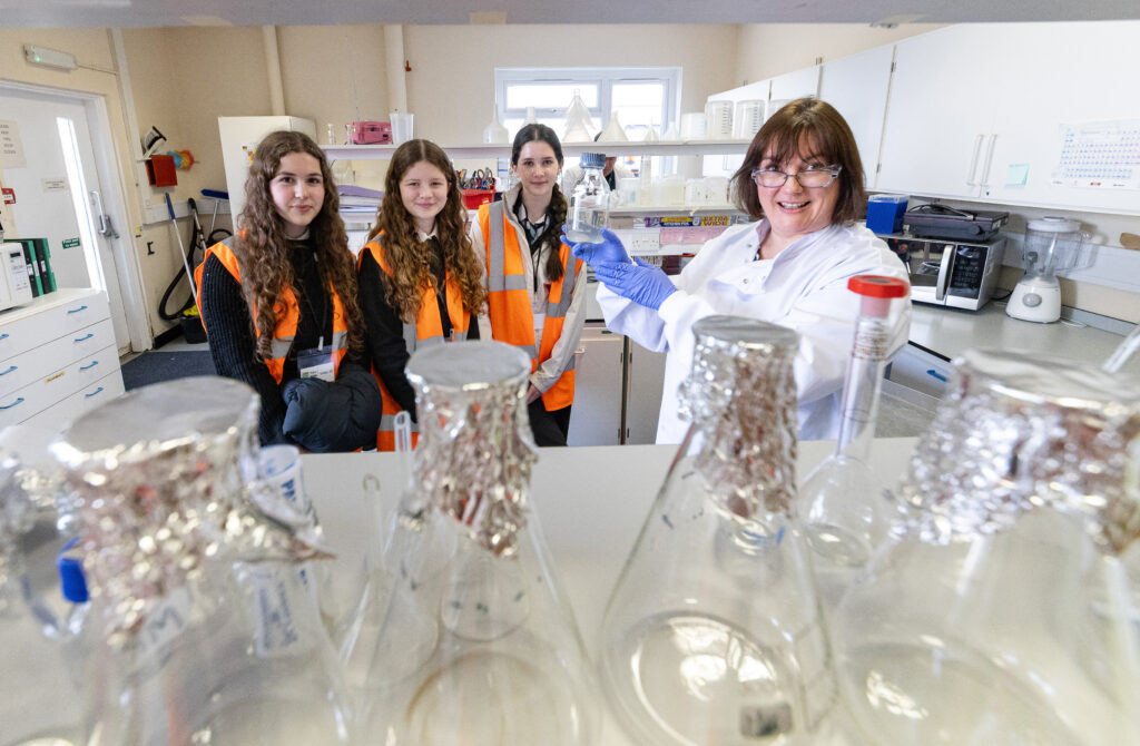 Pupils L toR: Derya Ersoy, Emily Moore and Isabella Durston with Tracy Torrance in the Media Kitchen. Picture Paul Reid